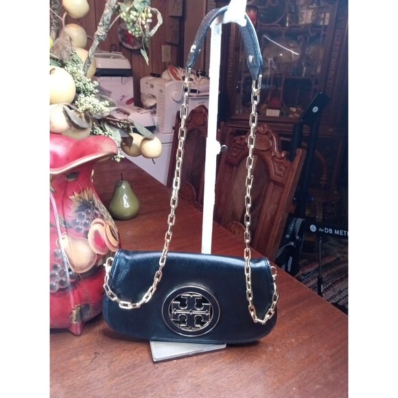 Tory Burch Crossbody Handbag Black Leather Shoulder Bag Clutch Purse Beautiful - Picture 1 of 10
